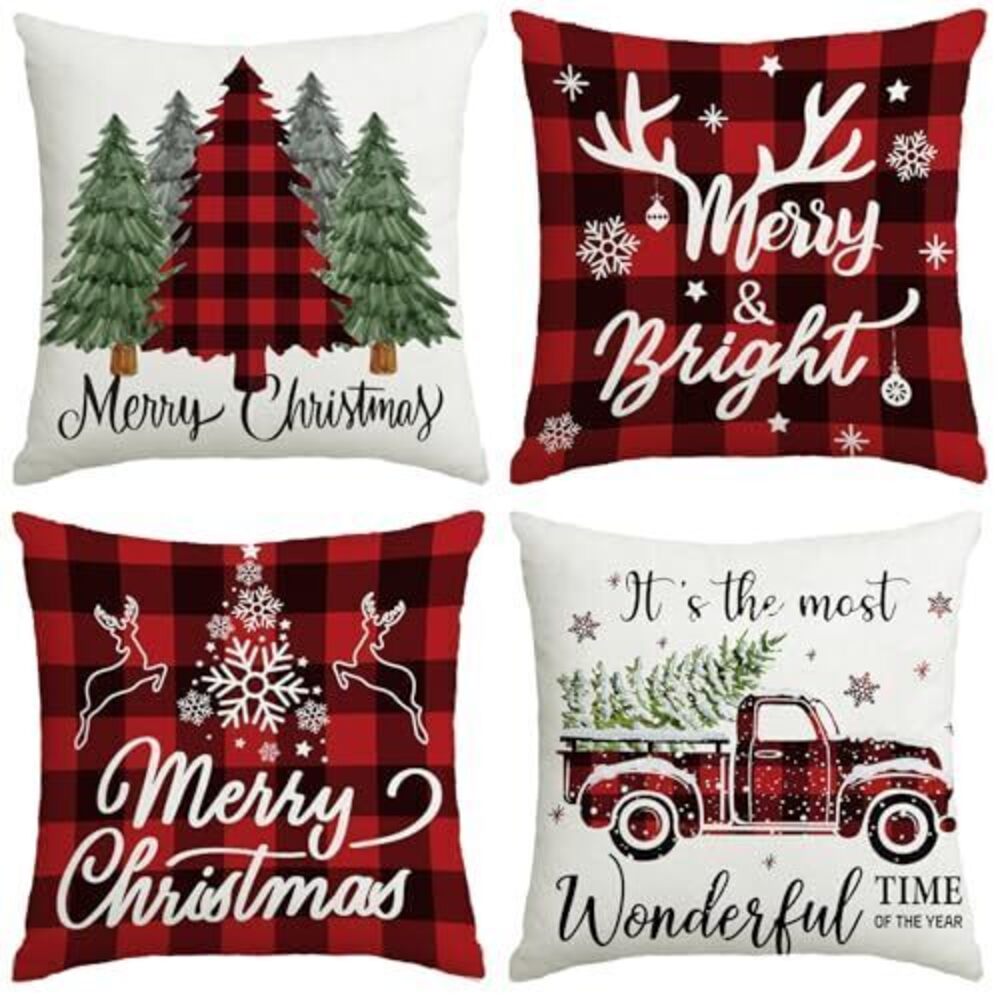 7106 Buffalo Plaid Christmas Pillow Covers 18x18 Red Black Green Set of 4